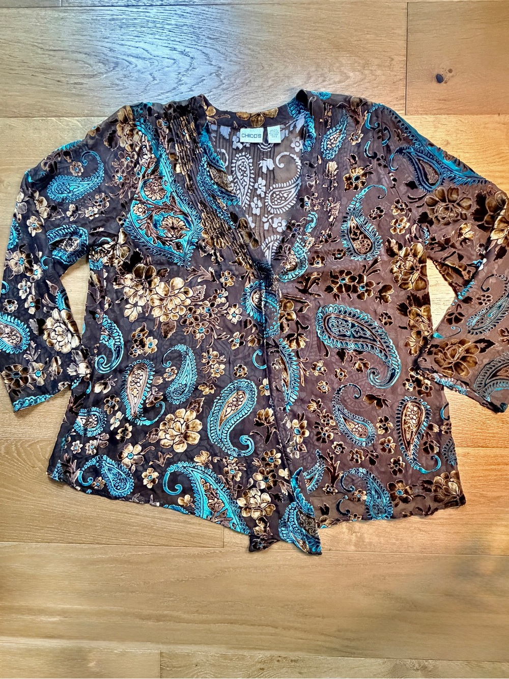 Chico's Silk Velvet Burnout Duster Cardigan Layering Top Sz 2/L Brown Turquoise